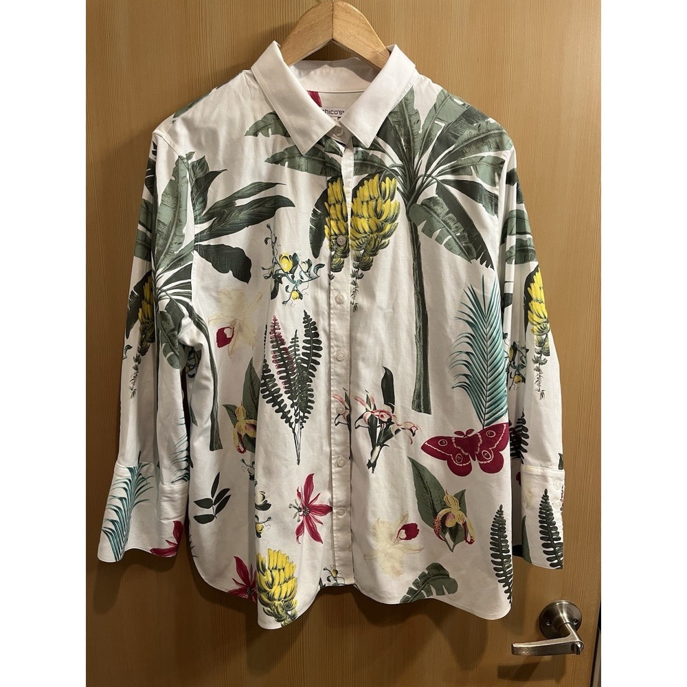Chicos 3/4 Sleeve Floral Tropicana Resort Elevated Vibe Collared Shirt Sz 3|16